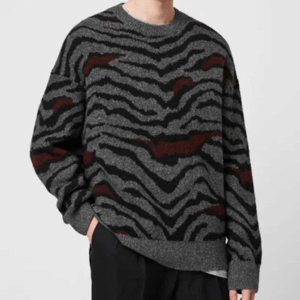 AllSaints Tora Tiger Stripe Crew Sweater Black Gray Size Medium